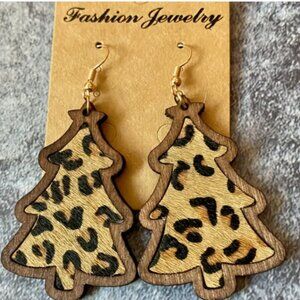 Leopard Print Christmas Tree Earrings – Wooden Dangle Earrings for Women